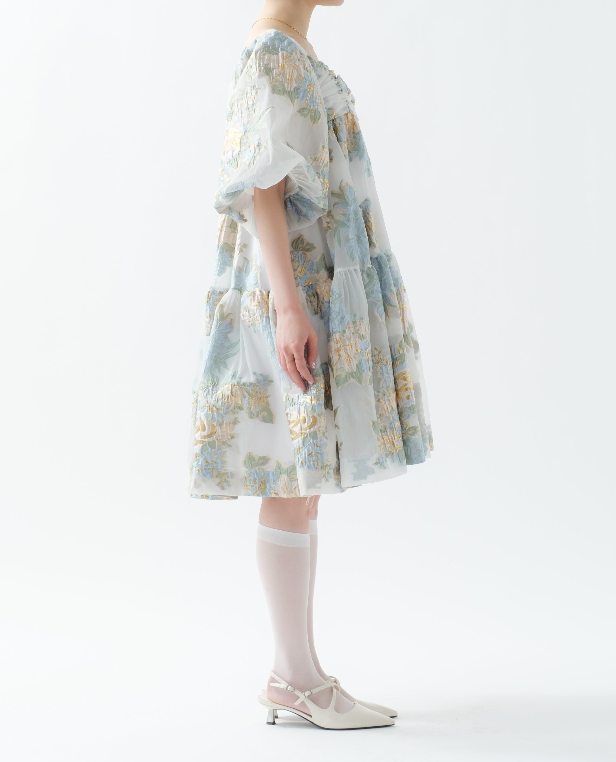 Gold jacquard puff mini dress