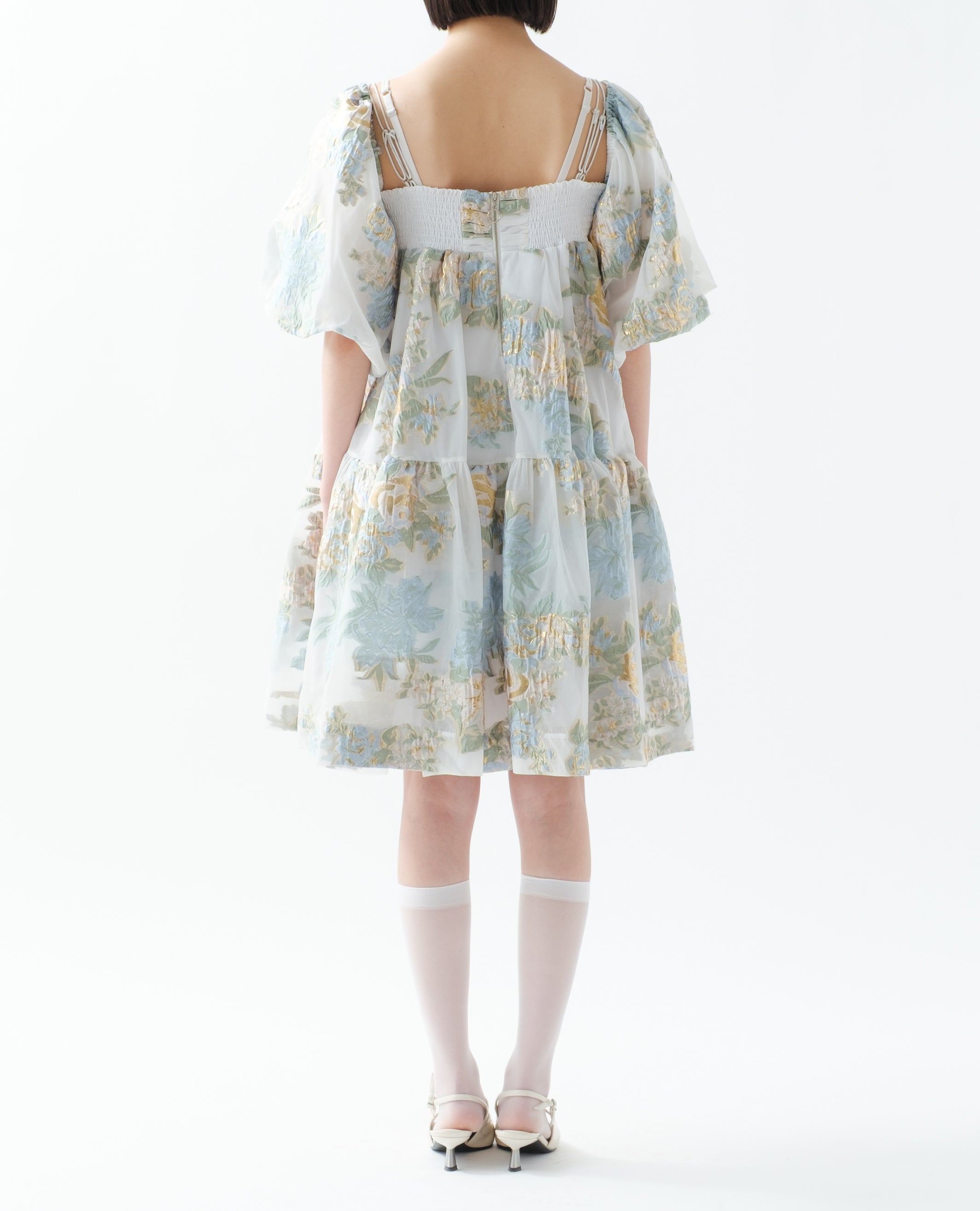 【タグ付き】 poppy ゴールドジャガードパフミニドレス Gold jacquard puff mini dress