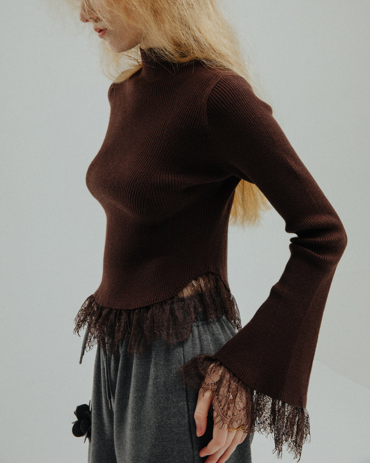 Lace trim knit top