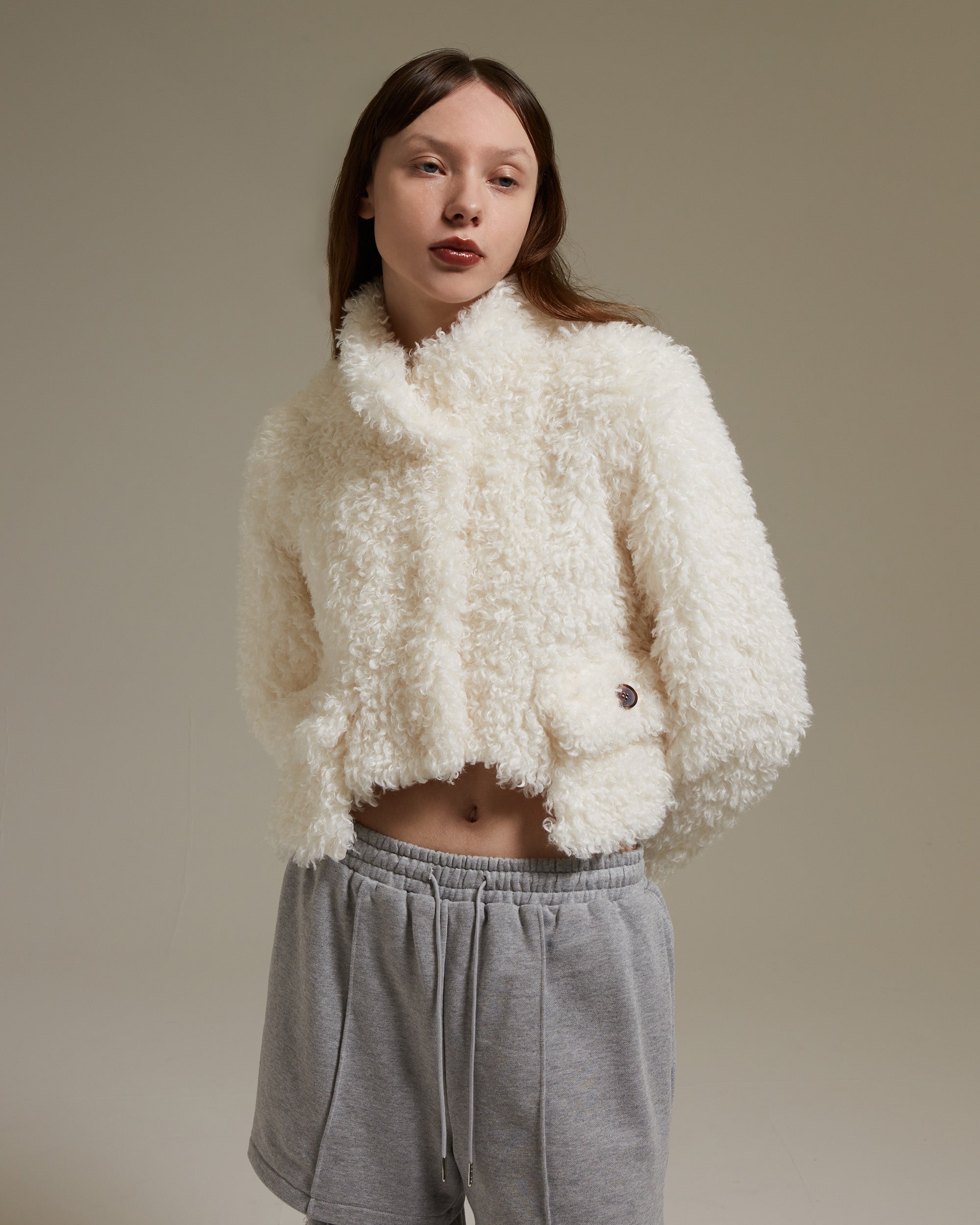 ジャケット・アウター poppy Cropped fur jacket (white) Cropped fur jacket