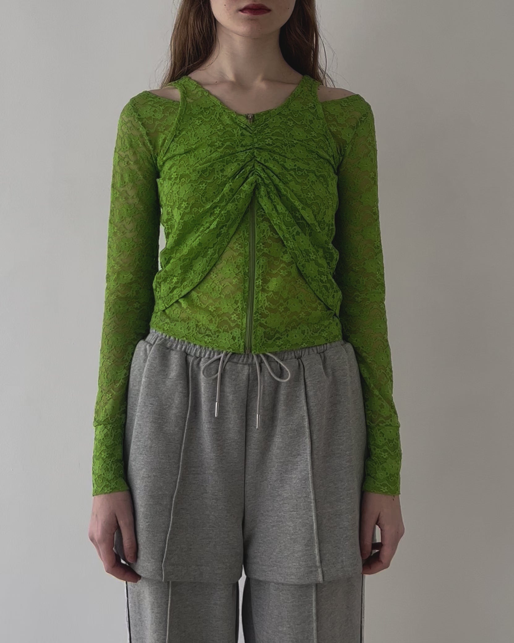 POPPY レースレイヤードラウンドトップス (グリーン) Lace layered round tops (green)