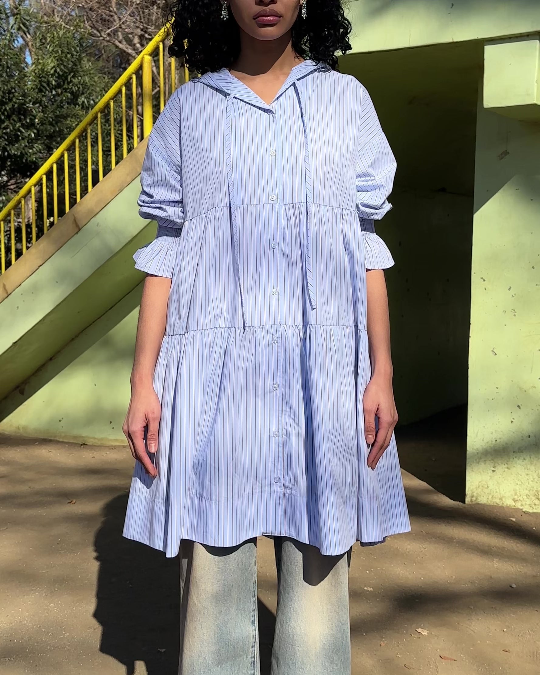 poppy あさぎーにょ　フードティアードワンピース【最終お値下げ】 poppy ストライプフーディティアードワンピース あさぎーにょ Cotton