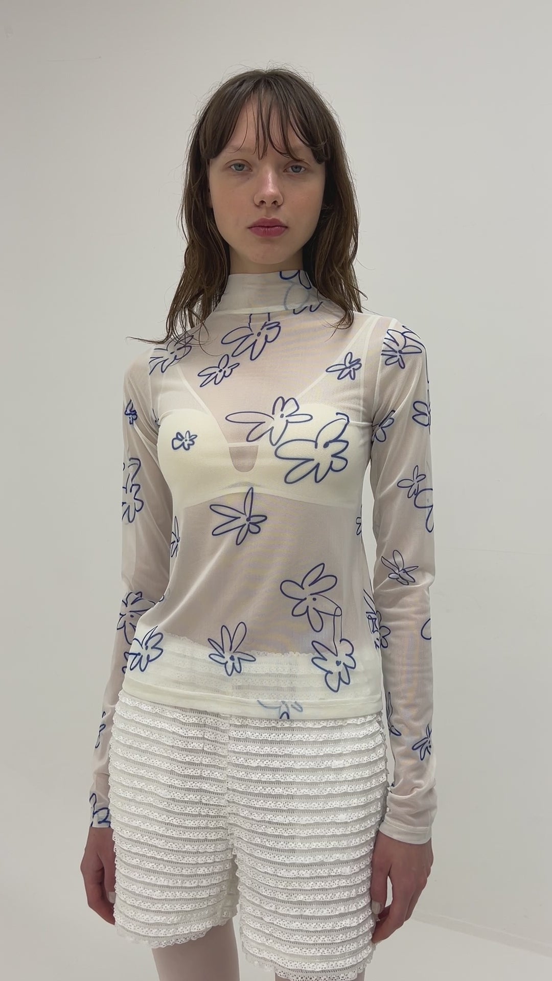 Rough paint blue flower see-through tops (High neck)