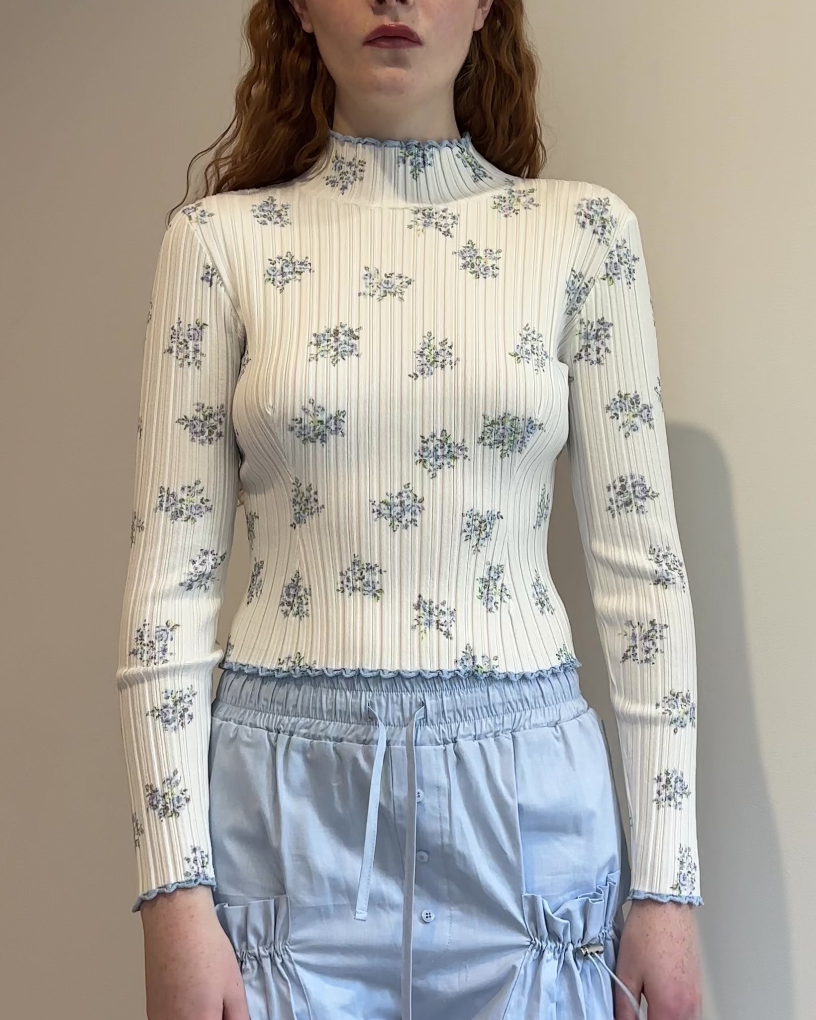 POPPY 花柄ボレロ Blue flower rib knit top