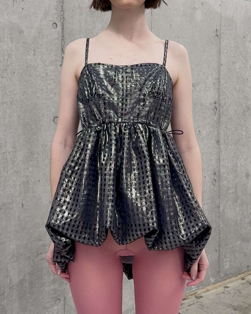 Metallic gingham balloon tunic