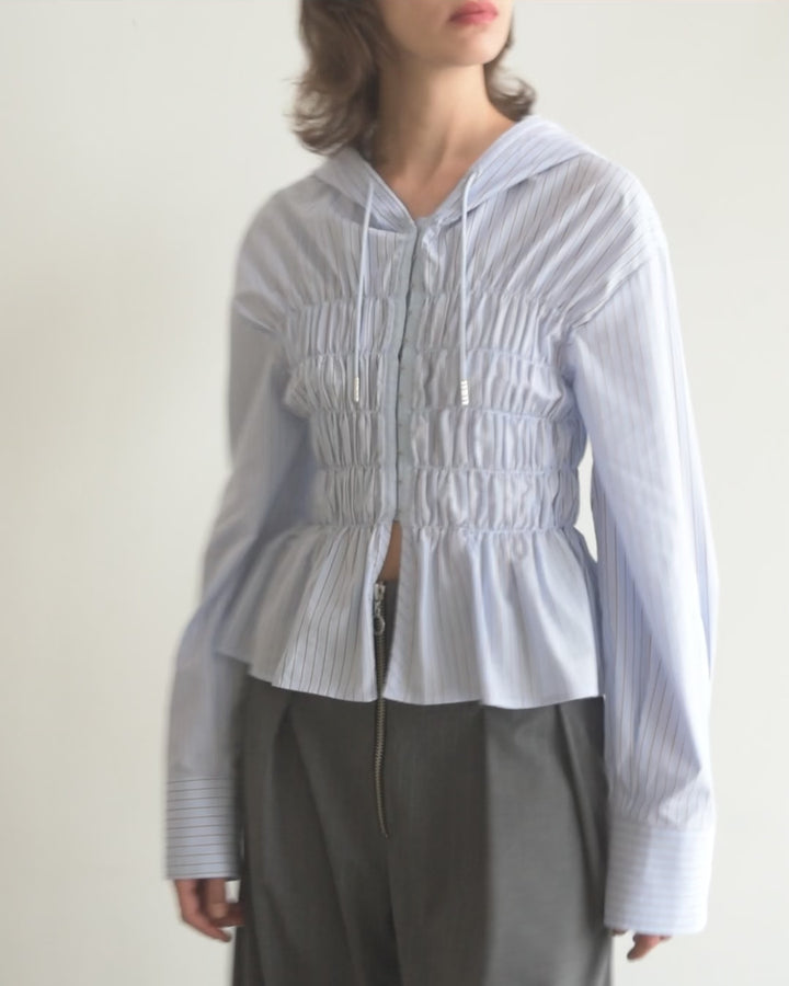 Shirring hoodie shirt (white / blue stripe) – POPPY