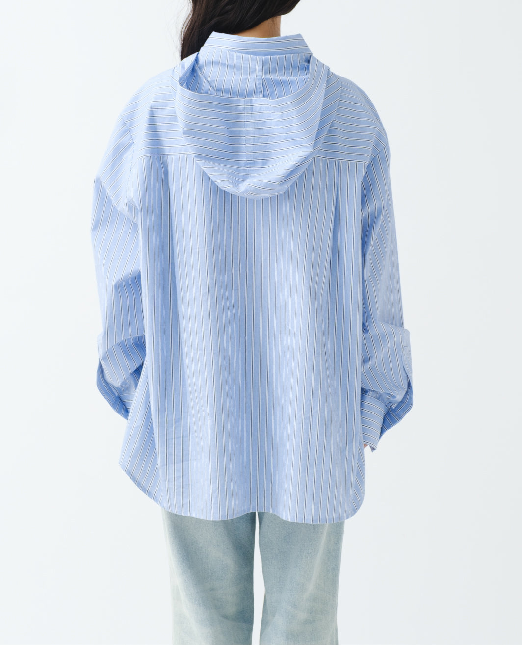 トップス WHIMSY / HOODED APRON SHIRT BLUE STRIPE Stripe hoodie shirt