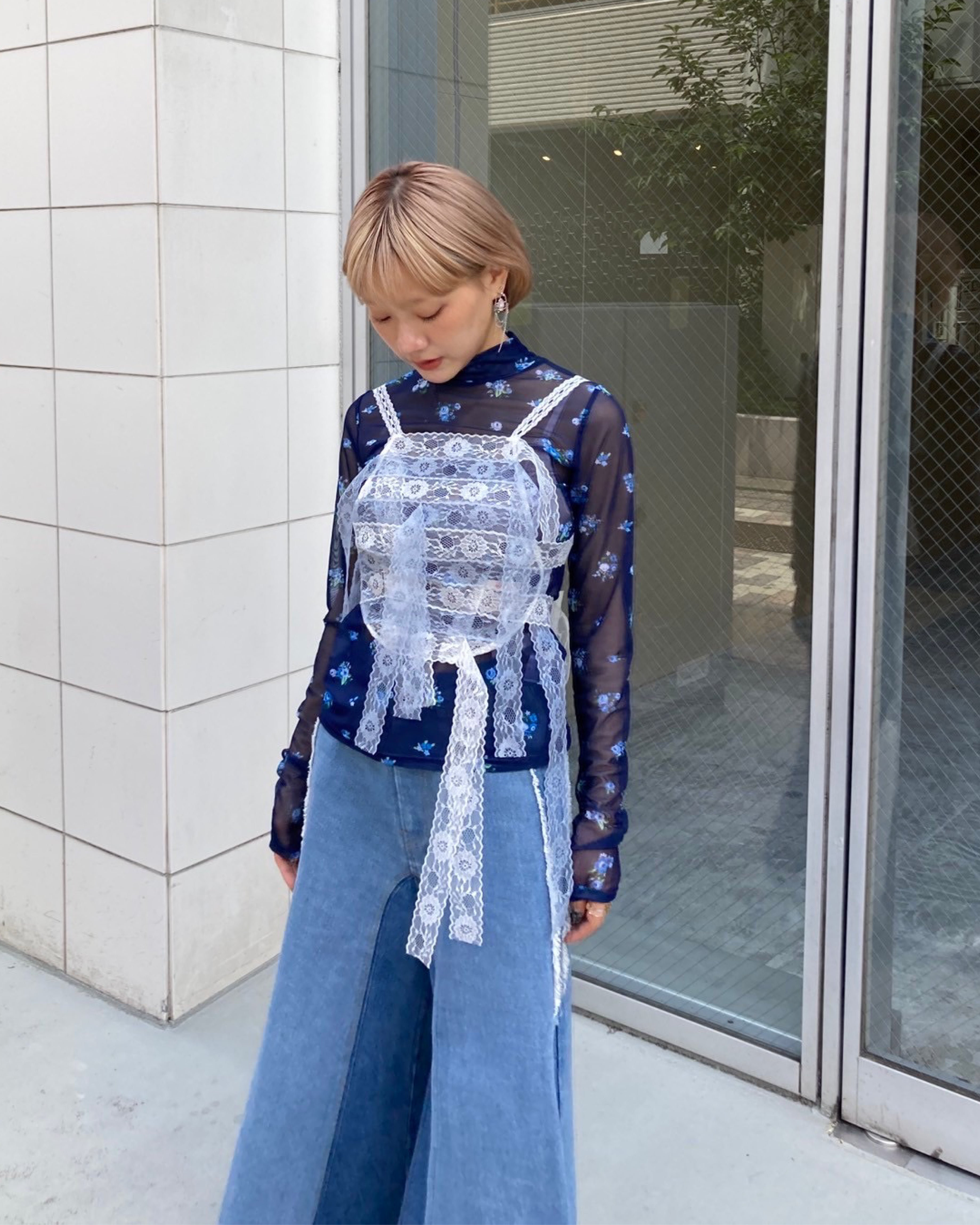 <b>yuhan wang</b><br>lace trimmed stripe camisole / white / blue