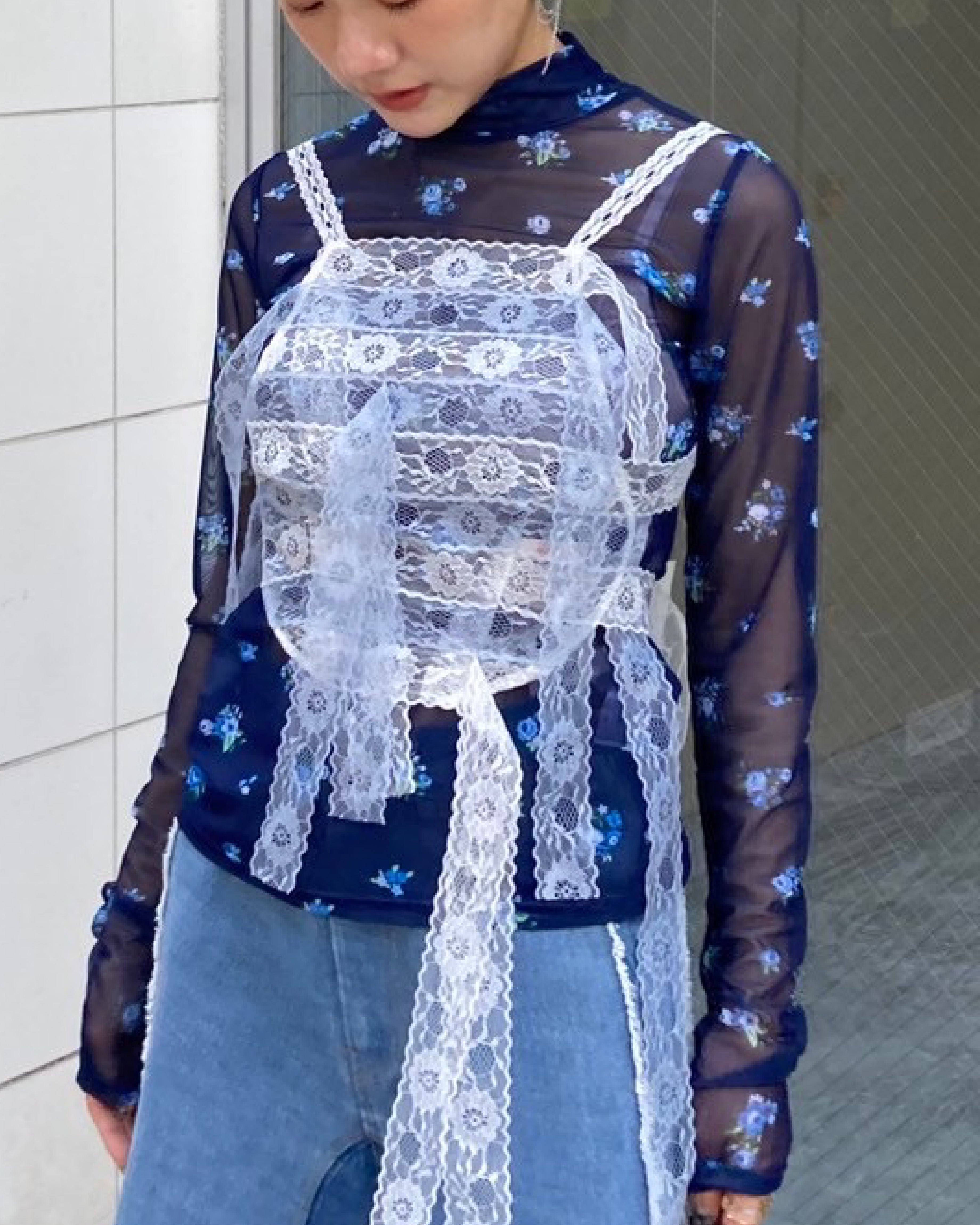 <b>yuhan wang</b><br>lace trimmed stripe camisole / white / blue