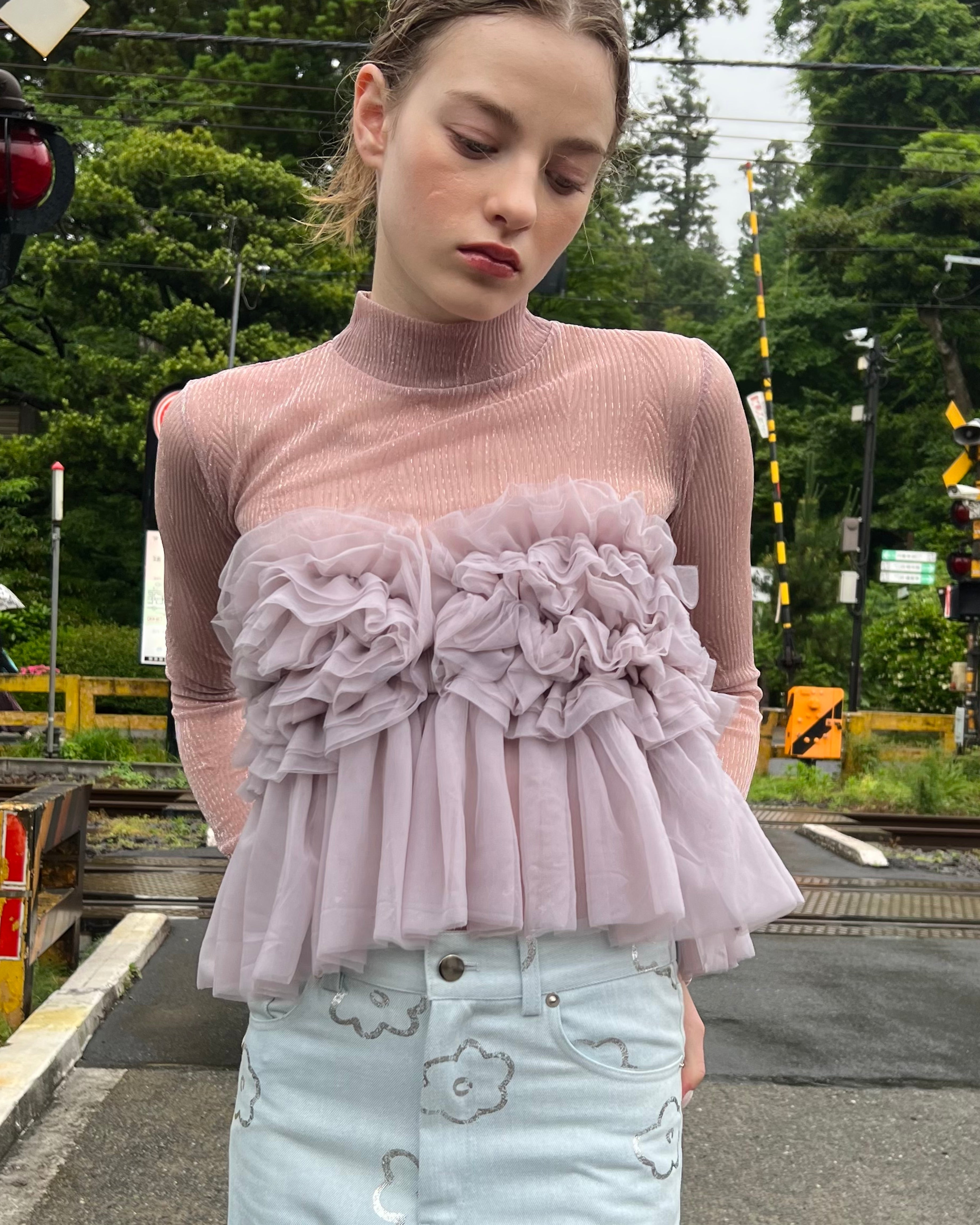 【新品未使用】POPPY フォトローズシースルートップ　PINK ハイネック Photo ROSES Pink see-through tops (high neck)