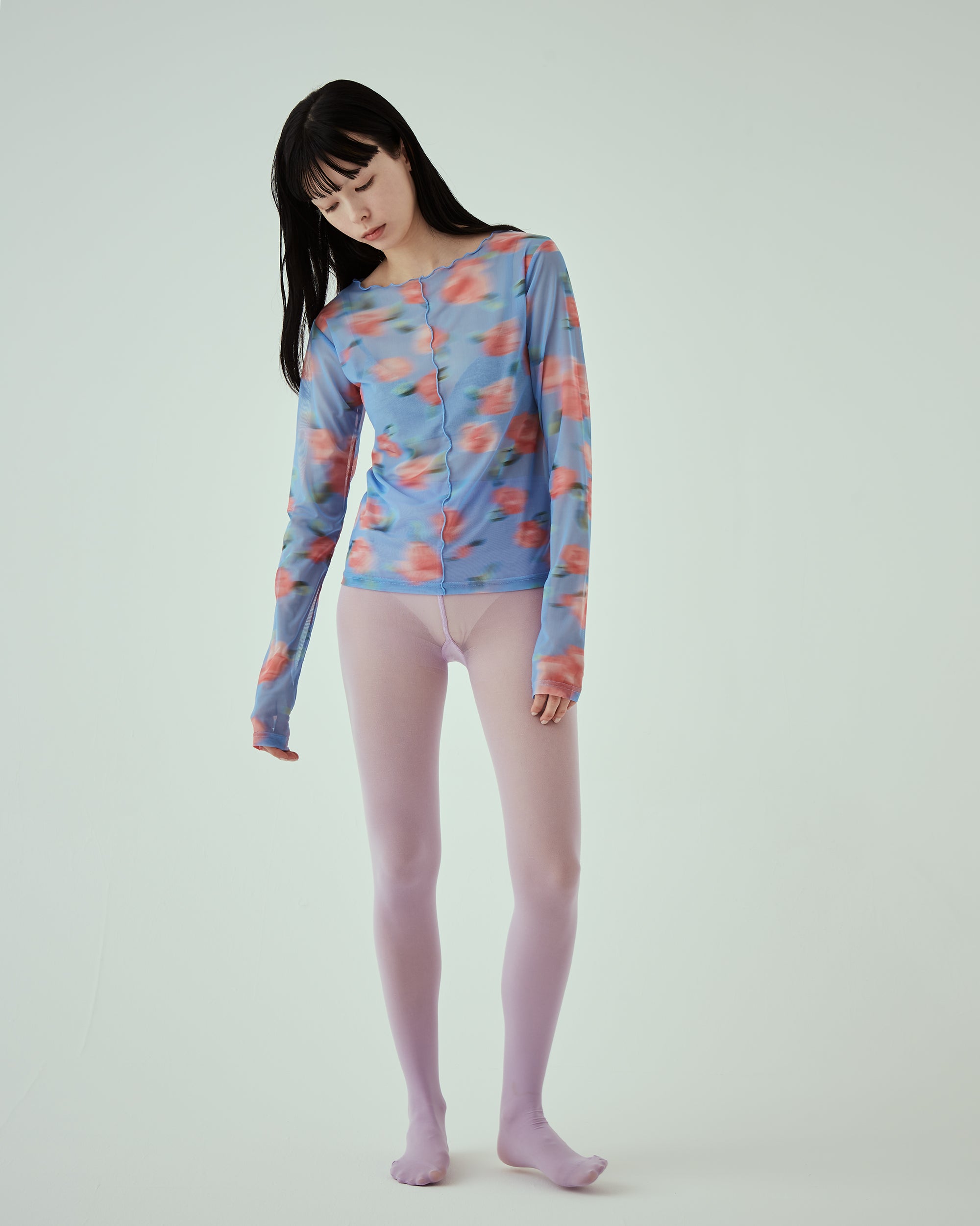 Blurred pink flowers see-through tops (Round neck)