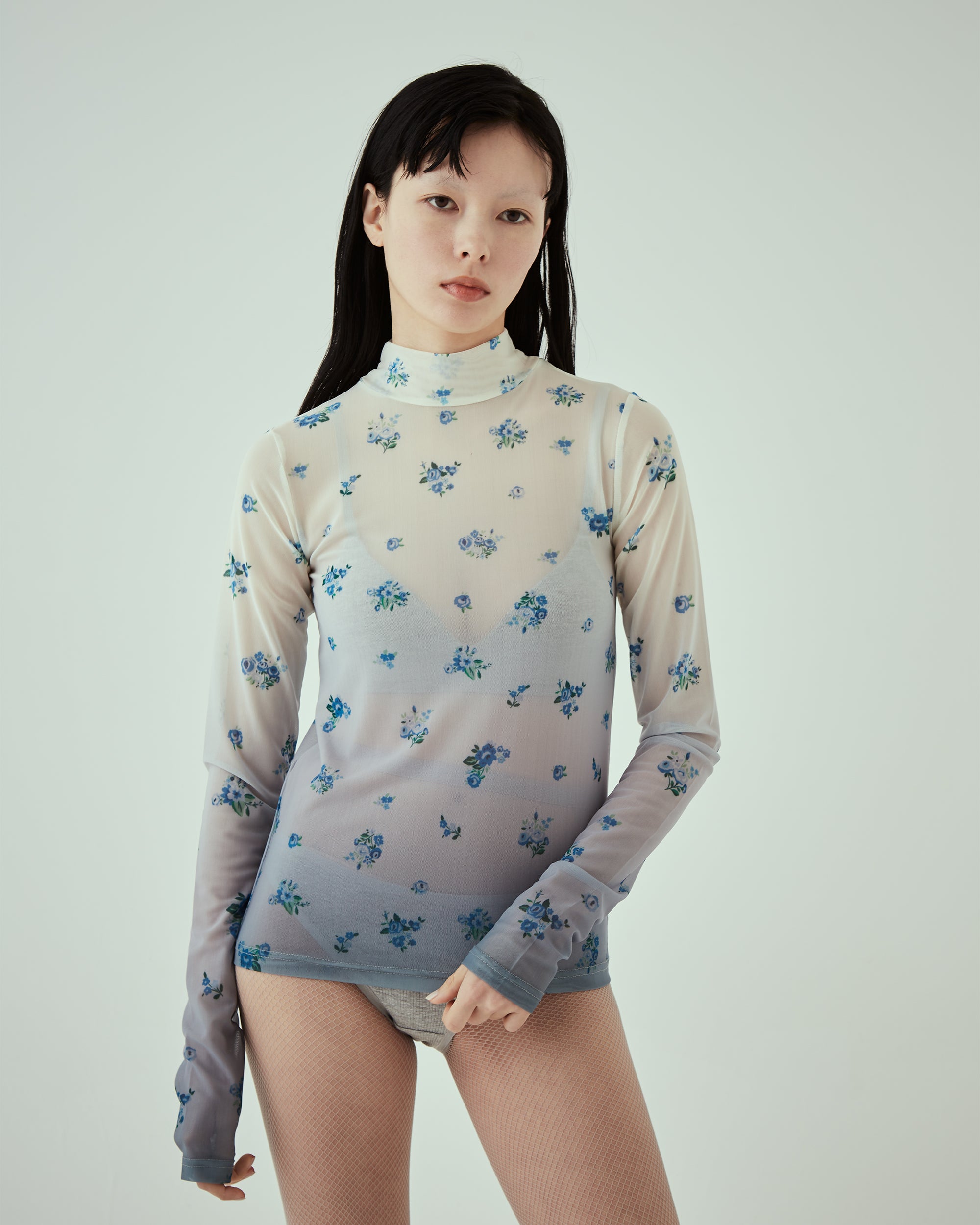Blue flower gradation see-through tops