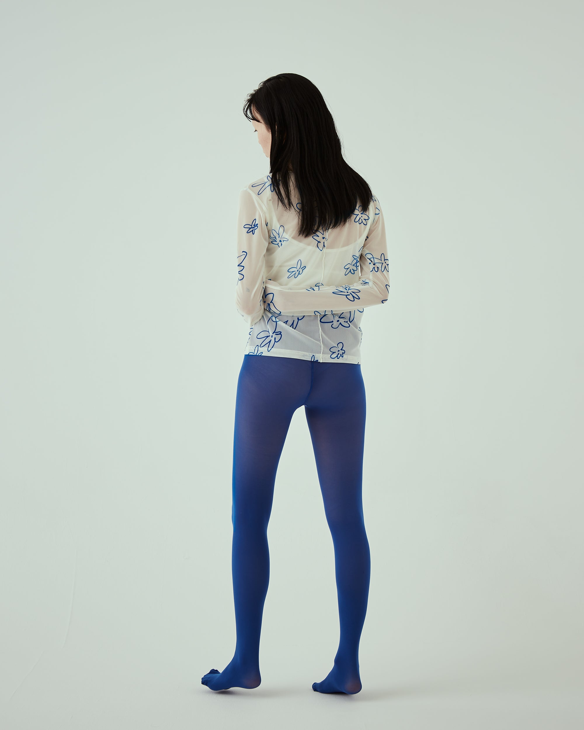 Blue flower gradation see-through tops