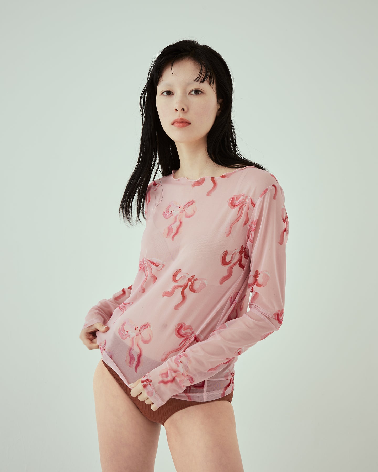 PINK BASE RIBBON SEE-THROUGH TOPS (ROUND NECK)