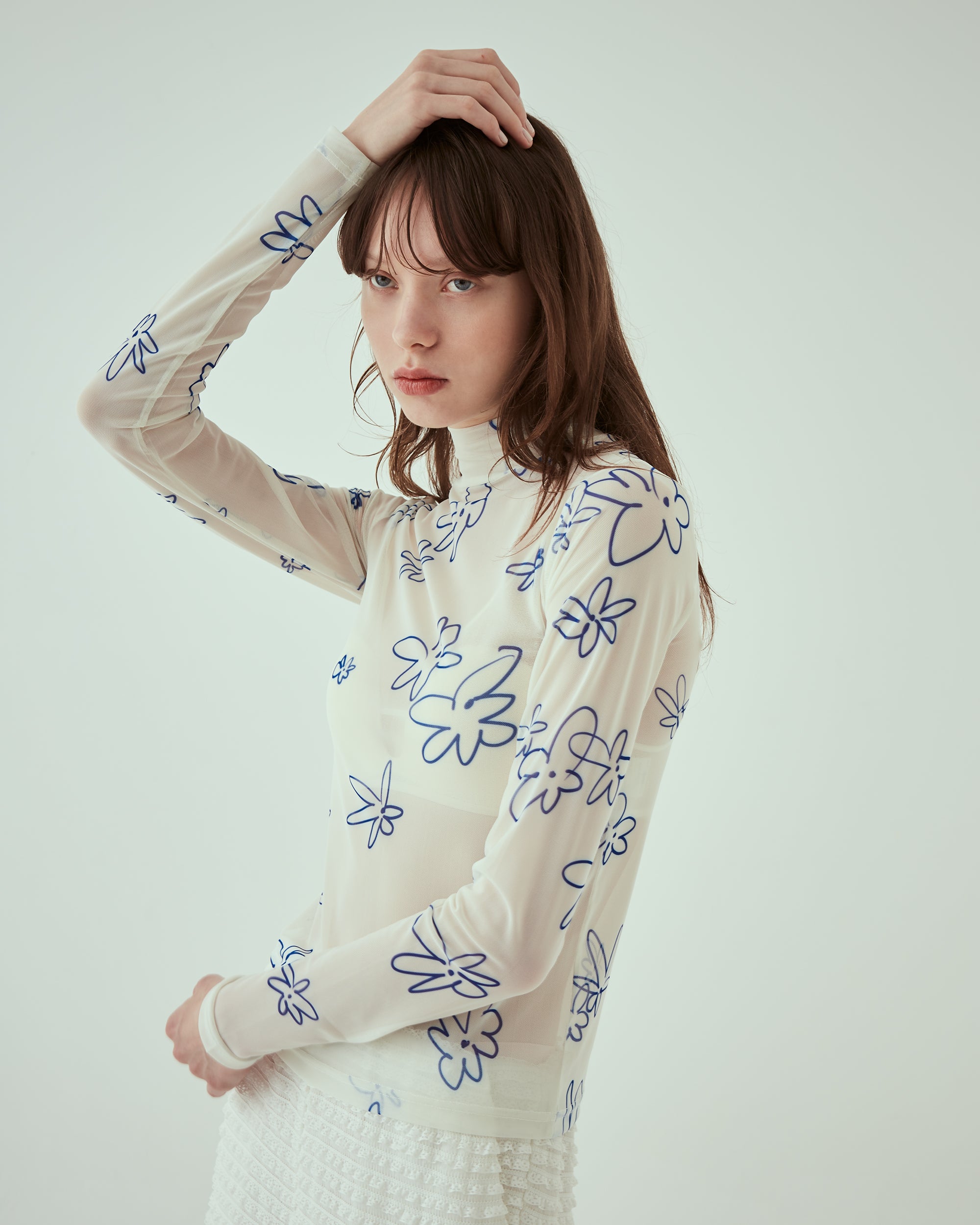 Rough paint blue flower see-through tops (High neck)