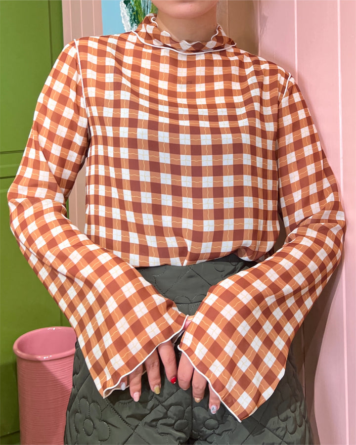 Wave gingham see-through tops (Brown) – POPPY