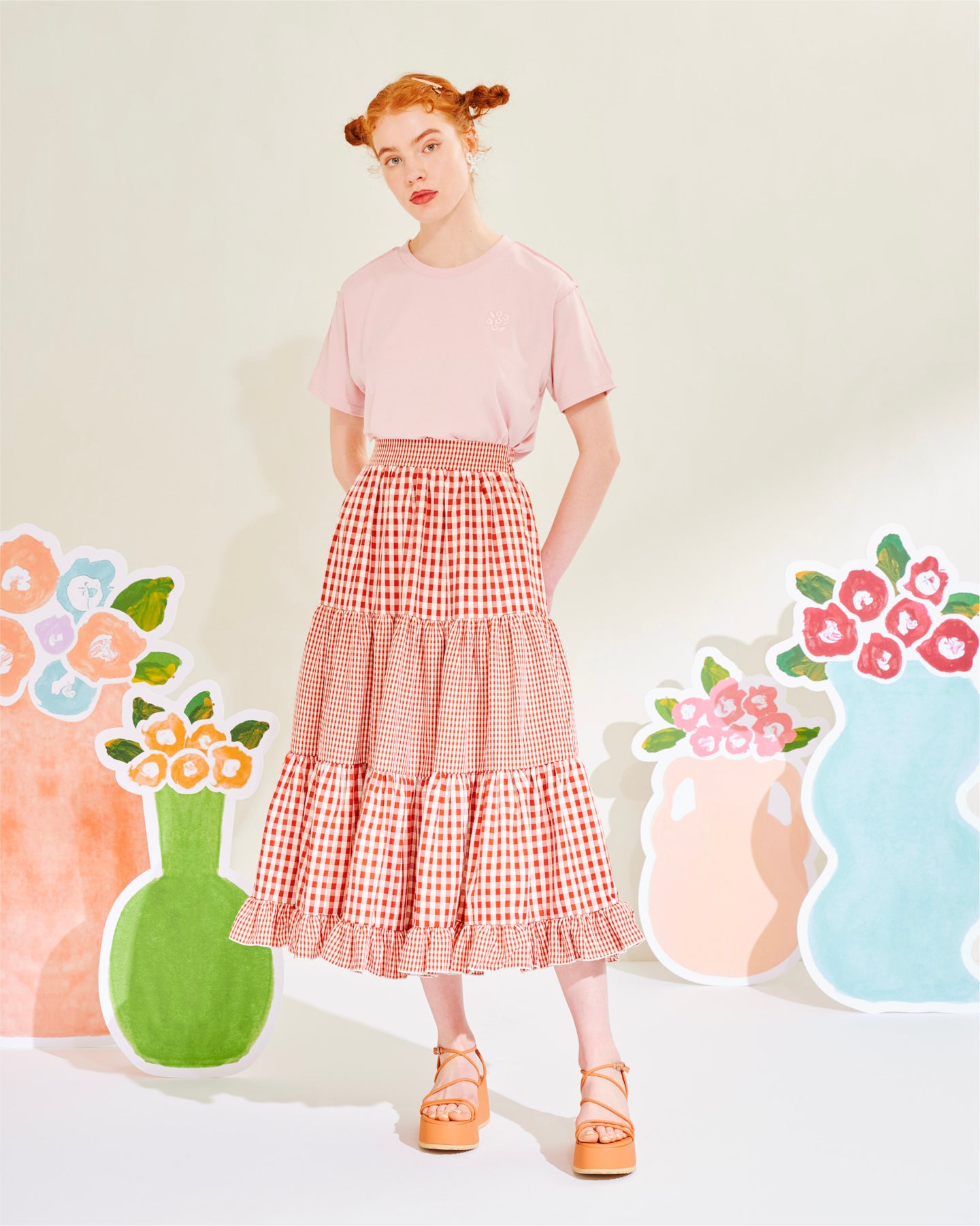 poppy ギンガムチェックティアードスカート RED - ロングスカート