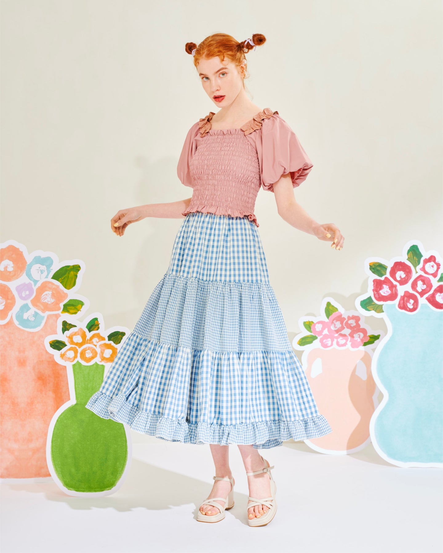 Gingham check tiered skirt (Blue) – POPPY