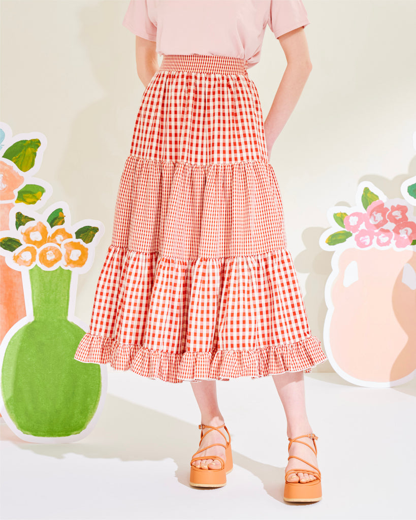 Gingham check tiered skirt (Red) – POPPY