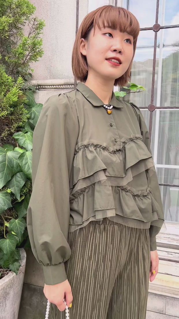 wavy gather frill blouse(khaki) – POPPY